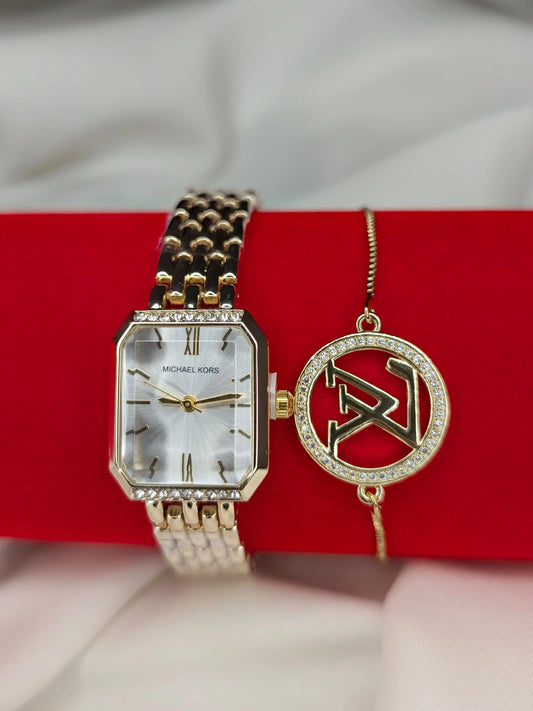 Duo Montre Dorée & Bracelet Cercle Strass – Élégance Moderne ByHiba jewelry